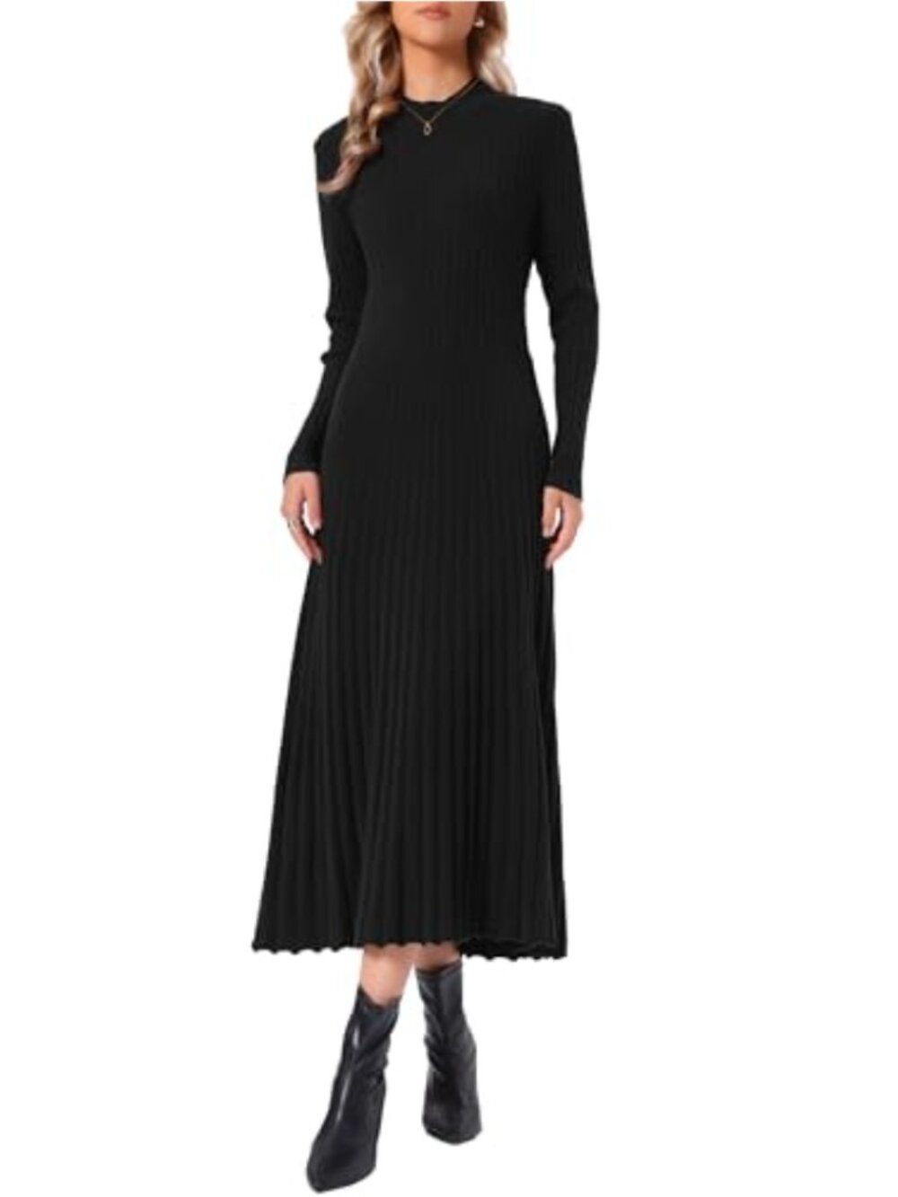 Pleated Sweater Dress Long Sleeve Mock Neck Bodycon Midi Knit Fall Winter